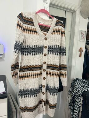 Lucky Brand- Cream Cable Knit Button-Down Cardigan with Gray and Mustard Stripes